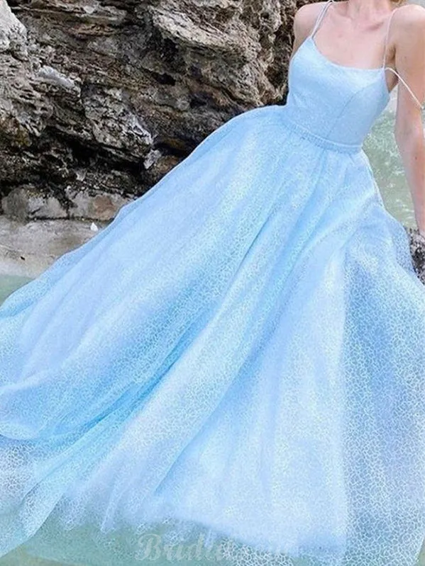 A-line Spaghetti Straps Sequin Light Blue Sparkly Fashion Prom Dresses PD012